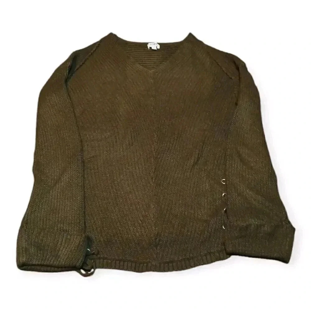 Umgee Women's Oversized Pullover Sweater Army Green Lace Side Detail Size M